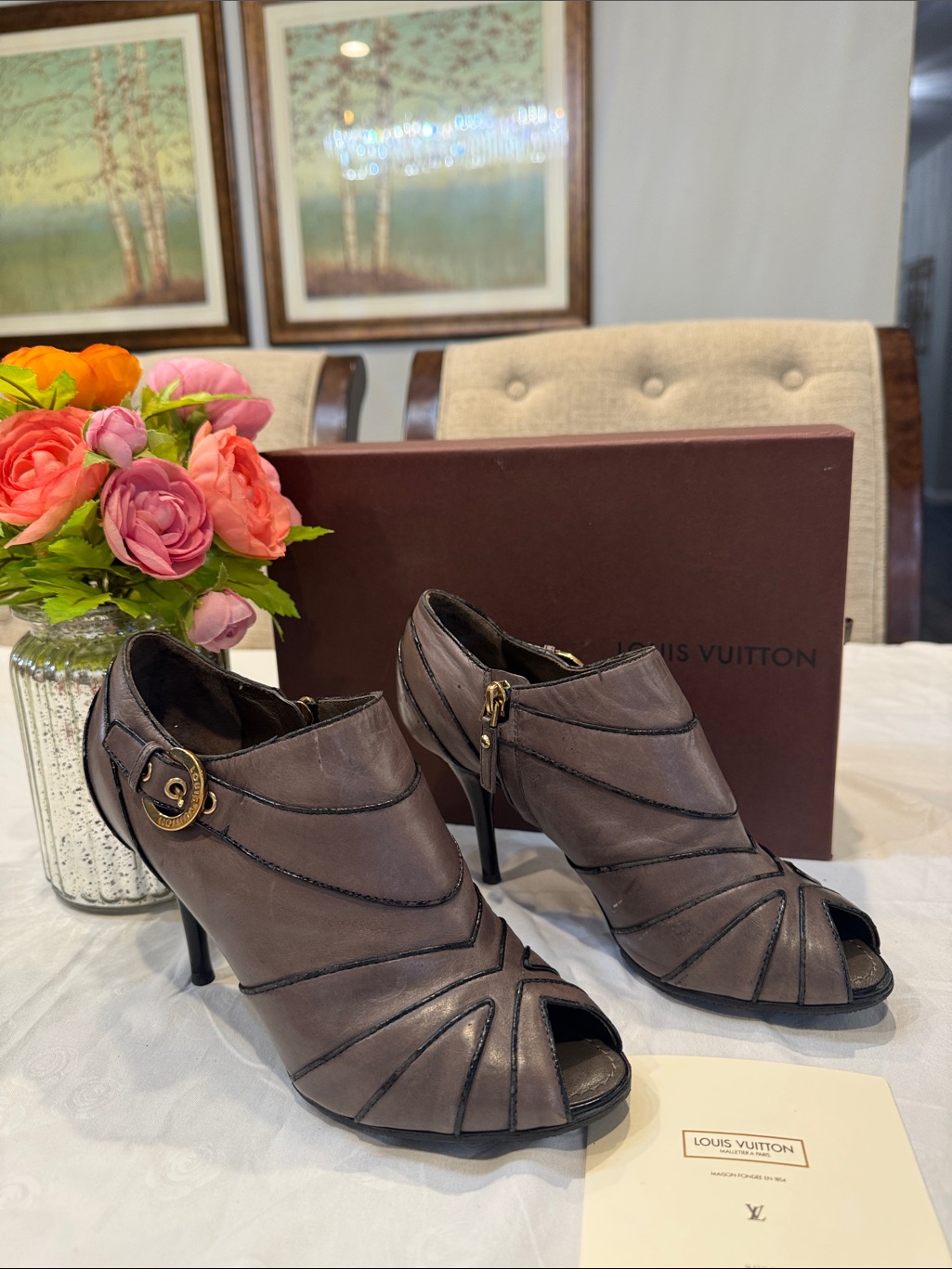 Authr Louis Vuitton Taupe Peep-Toe Leather Ankle Booties With Gold-Tone Buckle